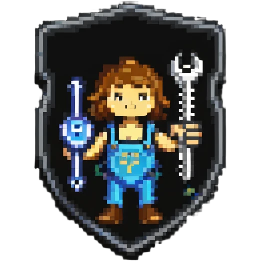 Shield-shaped badge with pixel art person holding car wrench key, colorful IT support design emoji