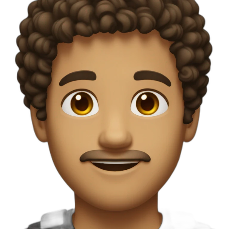 man short dark brown hair curls on forehead with brown eyes smiling black shirt light skin emoji
