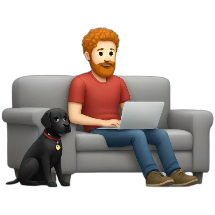 a man with a red beard sits working on a laptop on the sofa with a black Labrador emoji