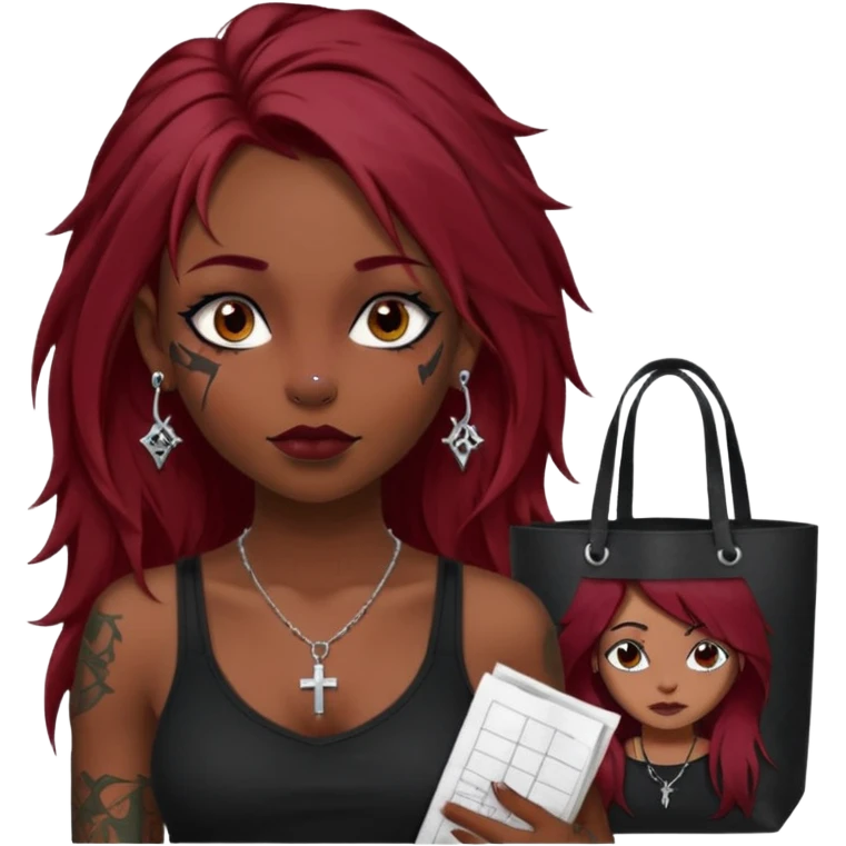 generate an ios genmoji of a girl with long dark red messy hair with eyeliner on her eyes.  septum piercing, wearing a cami black top, has tattoos, on shoulders. ear piercings. wearing a cross silver necklace. carrying a tote bag on her shoulders with chart paper peeking out. emoji