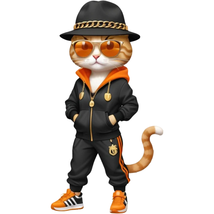 female cat wearing Run DMC hip-hop outfit with tracksuit, fedora, Adidas sneakers, dark sunglasses, many gold chains, upright pose emoji