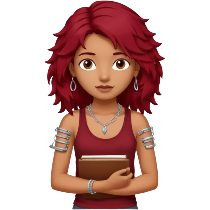 a pretty tan indian bratz girl with messy dark wavyred hair, wearing a dark red tank top, layered silver necklaces. Carrying multiple sketchbooks and pens emoji