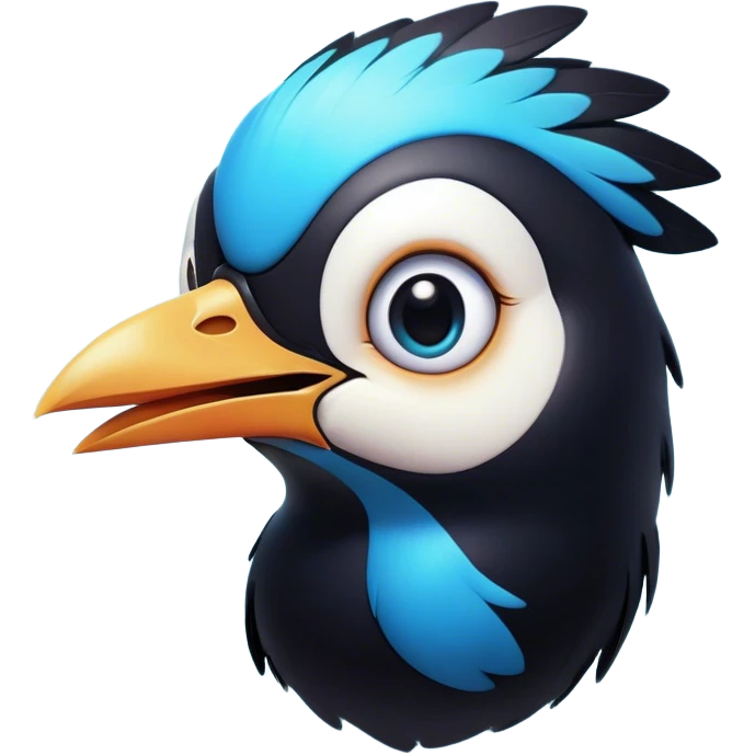 Cinematic Comical Magpie Portrait Emoji, Head tilted dramatically with an exaggeratedly shocked expression, featuring a vibrant, glossy form with wide, comically expressive eyes full of playful disbelief and a subtly animated beak, Simplified yet hilariously expressive features, highly detailed, glowing with a slightly sassy urban glow, high shine, dramatic yet playful, stylized with an air of cheeky mischief, soft glowing outline, capturing the essence of a meme-worthy magpie that looks ready to side-eye its way into viral fame! emoji