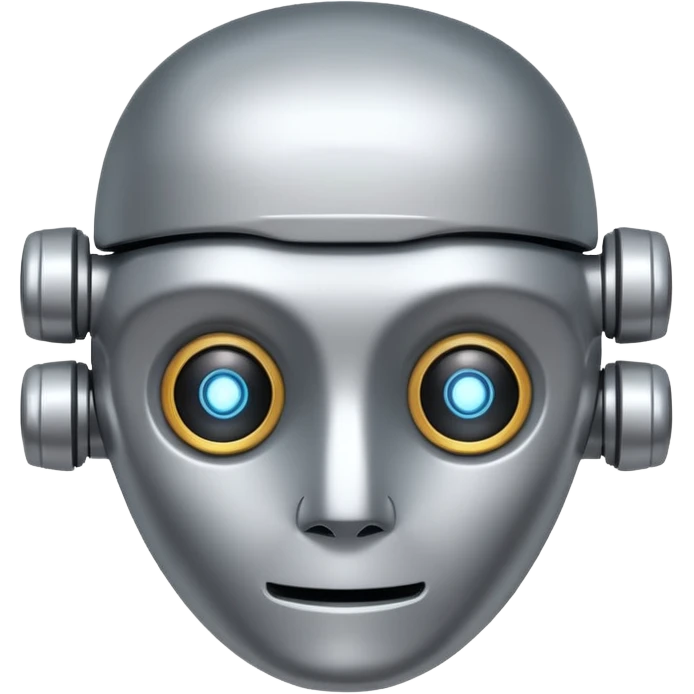 A friendly robot face with innocent eyes and an uncovered brain emoji