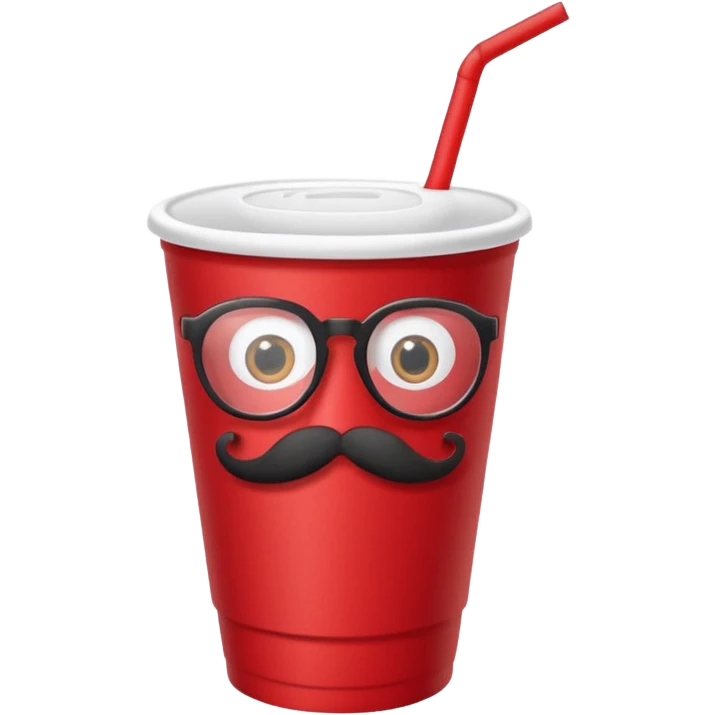 paper red cup and white straw, the cup has eyes and mouth and glassess and mustache emoji