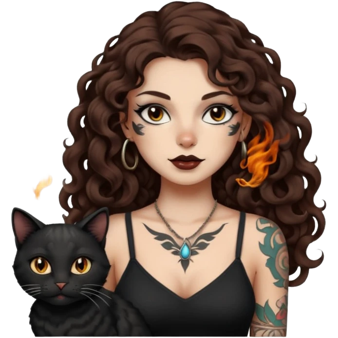 woman with long curly brown hair, brown eyes, white skin, tattoos, black cat turning into smoke and back emoji