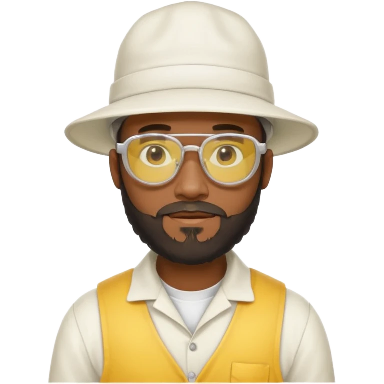 black male bee keeper with beard, white hat and yellow glasses, white outfit,  emoji