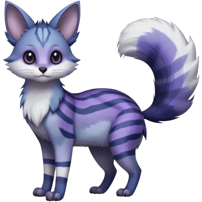  dull-colored gloomy-dark-deep-grayish-indigo-violet-gradients ghostly spectral spooky fur with random dark markings beautiful elegant pretty precious cute  Fakémon-Pokémon-opossum-feline-serval-caracal-chinchilla-Minccino-hybrid-creature with a big fluffy bushy striped tail (full body) emoji