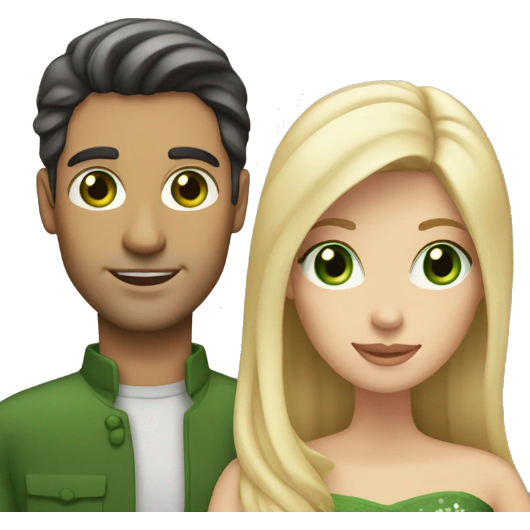 Married couple , the man has dark hair and the woman has long blonde hair and green eyes  emoji