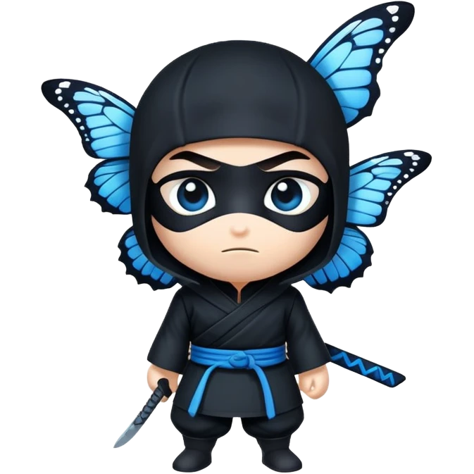 Crea un emoji para usar en WhatsApp con estos dos emoji 🥷🏻🦋.
Ninja vestido de negro con la piel blanca y una mariposa azul posada en su hombro izquierdo como si estuviera volando. emoji