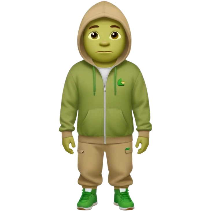 Shrek en tn avec une cagoule un jogging Lacoste avec un pull CP company emoji