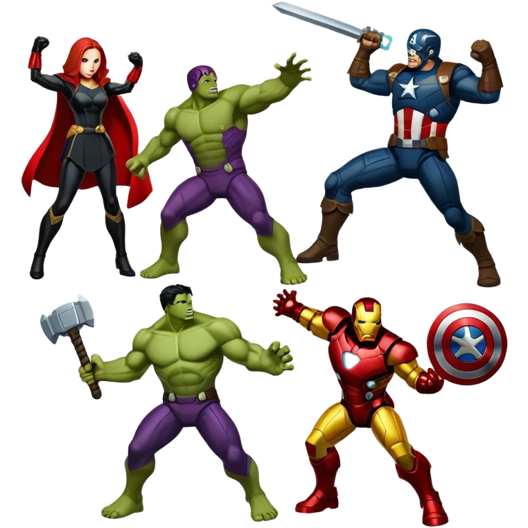 Iron man, captain america, hulk, black widow, Thor, and Hawkeye, fighting Thanos, Loki, red skull, ultron, kang, and doctor doom emoji