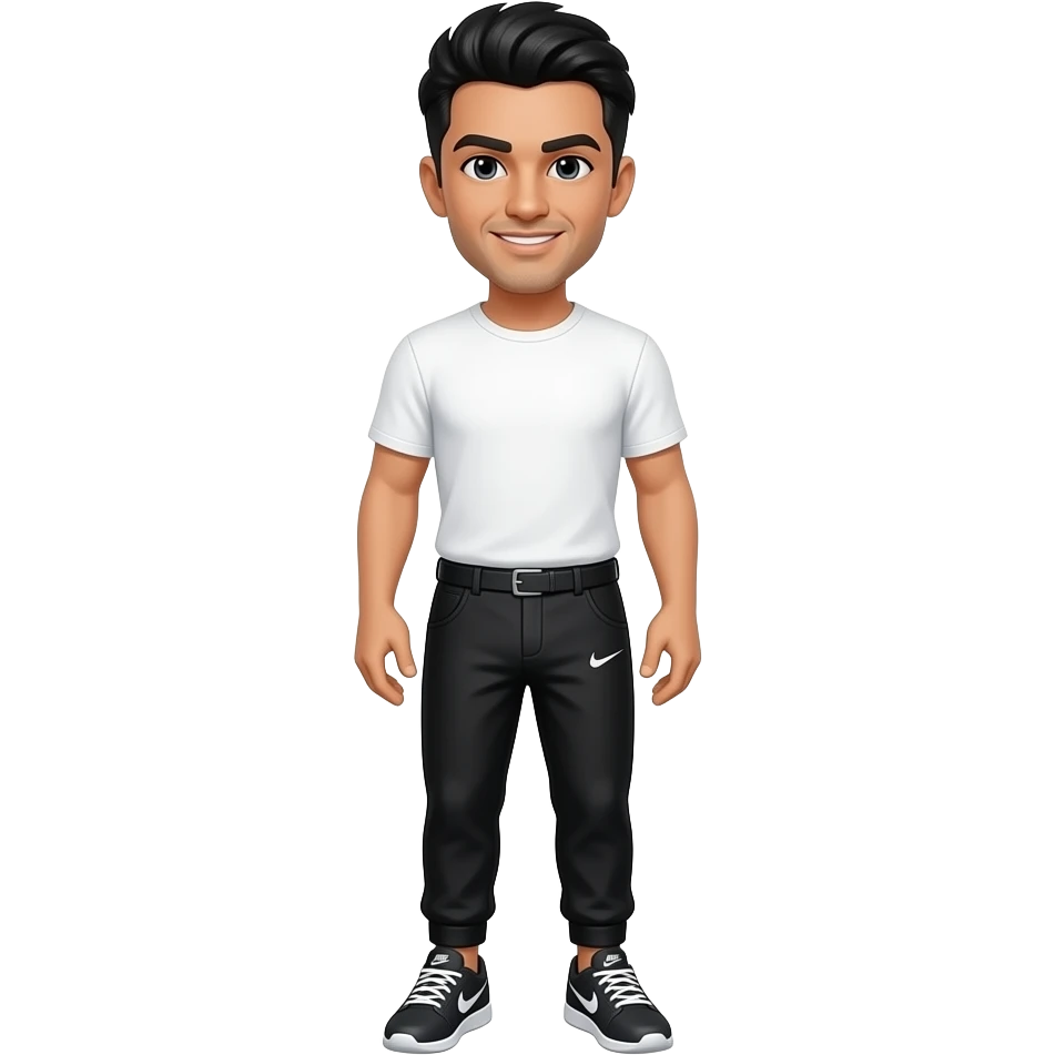 haz una persona con pantalones nike negros i una camisa blanca i zapatos nike i pelo negro i piel blanca emoji