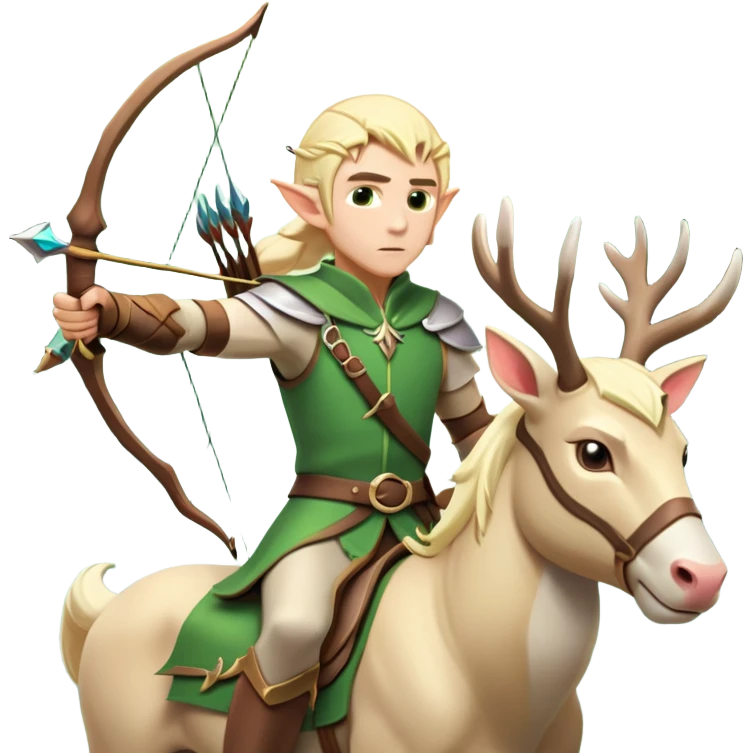 clash-of-clans-aesthetic-blond-male elf-archer-portrait-emoji, rendered in a flat, vector-style with minimal shading and bold, simplified shapes, head tilted slightly forward with a determined, focused expression, riding a majestic white stag whose antlers glow with mystical energy, set against an ancient, enchanted forest backdrop. emoji