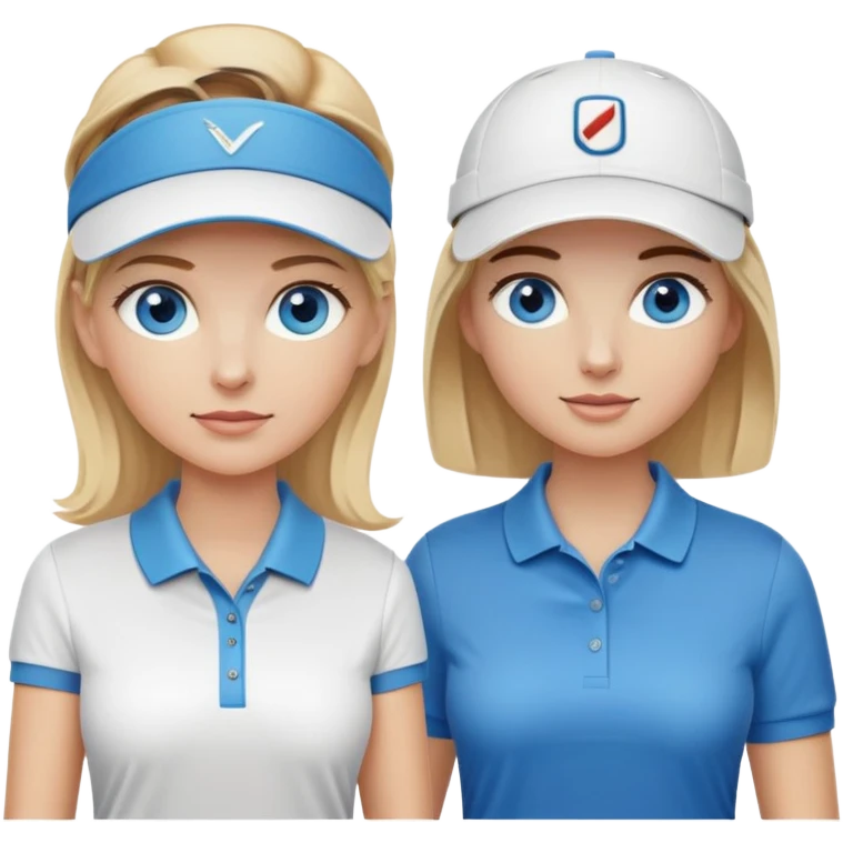 Blonde woman with blue eyes wearing golf visor playing golf with white man with brown hair and brown eyes wearing blue polo emoji