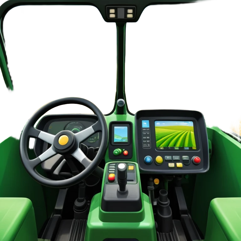 a view from the tractor cabin, with the dashboard in focus, overlooking a vibrant rural landscape. Inspired by Farming Simulator 22, the scene includes fields, crops, and distant barns under a bright sky. The design highlights the immersive experience of farm management. transparent background emoji