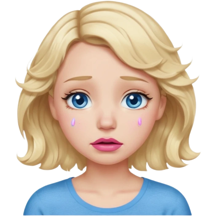Girl Blonde short wavy hair,  blue eyes, cute blue top, long lashes, pink lips,crying with tears running down the face  emoji