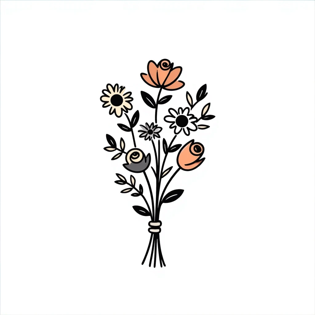 a hand-tied bouquet of assorted flowers with stems and leaves, pastel colors dd9fb0, ffc6d3, a3bfc9, c4bee2, f1b091, detailed hand-drawn doodle style emoji