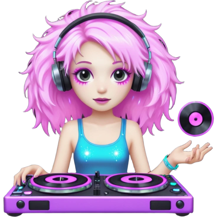  hard-techno-rave-fairy,-holding-a-dj-turntable,-wild-hair,-neon-sparkles,-minimal-background emoji