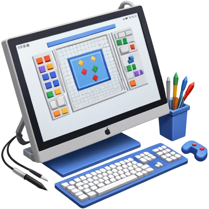 Professional icon for Game Design: computer screen with game interface, 3D models, pixel art, grid, and wireframe. Tools like stylus and controller. Focus on design and development process. Transparent background. emoji