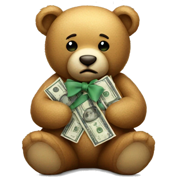 Sad teddy bear with bow holding money emoji