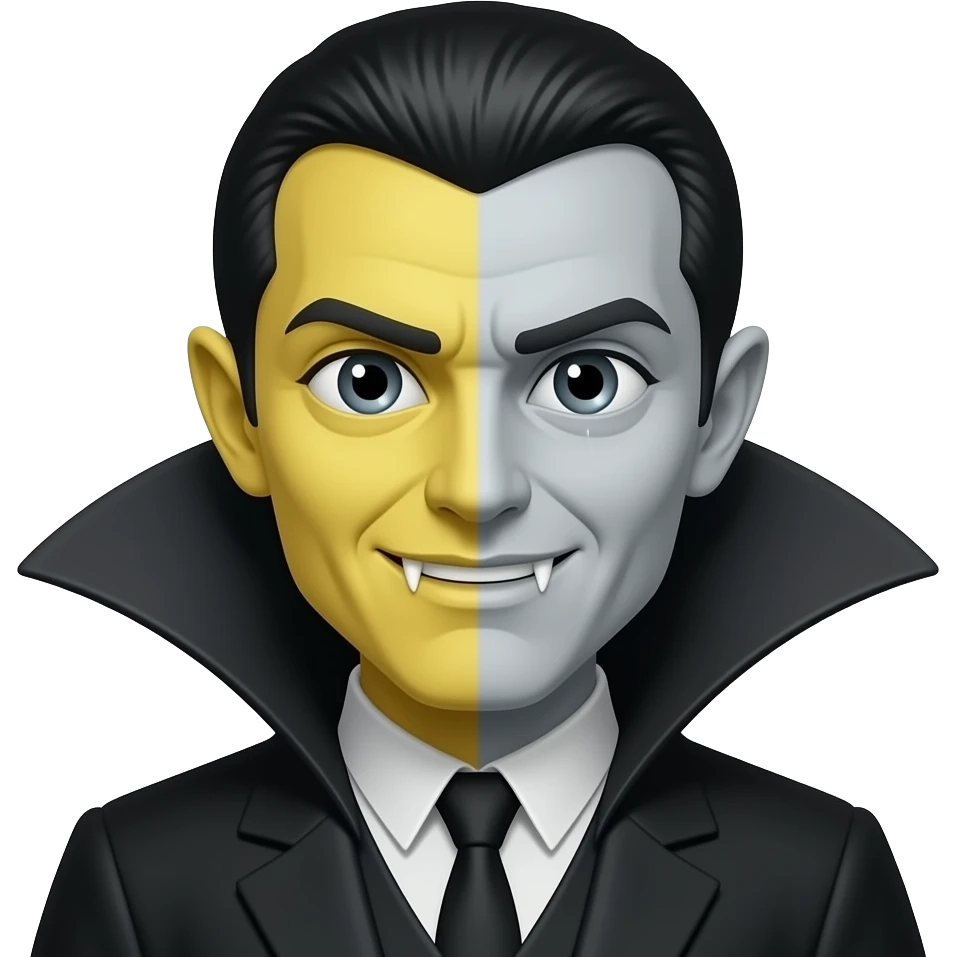 Emoji estilo 3D de un personaje vampiro con capa, rostro amarillo originalmente pero convertido completamente a escala de grises. Expresión neutral con ojos grandes, colmillos visibles, cabello corto oscuro, capa con cuello alto. emoji