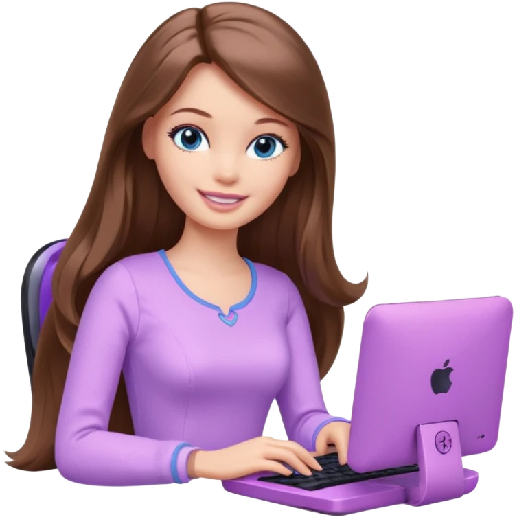 beautiful barbie girl with long brown hair, blue eyes and wearing light purple clothes playing computer games emoji