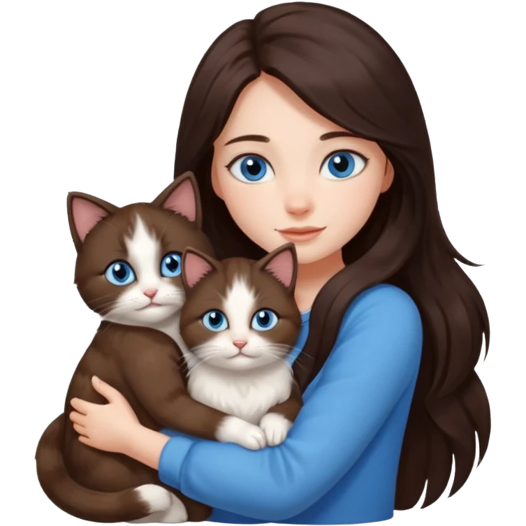 a pretty girl with long dark 
brown hair, with blue eyes, hugs 3 different natural coloured small cats emoji