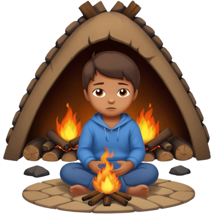 apple style emoji of a small child sitting on the floor, fire nearby, sad face emoji