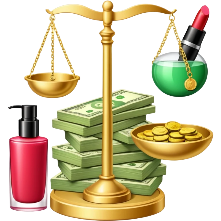 gold scale with a stack of green dollar bills and coins on one side and beauty products including lipstick, perfume, and makeup on the other emoji