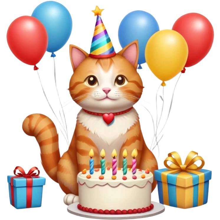 Ginger cat celebrates birthday, birthday hat, birthday cake, balloons, happy, gifts emoji