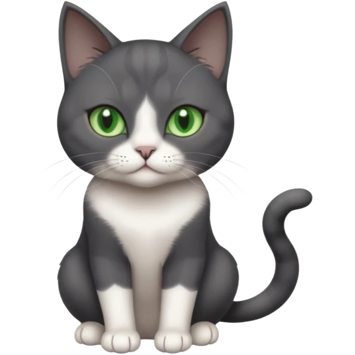 beautiful female solid dark grey cat with green eyes, white toes/paws and white patch on her chest playing emoji