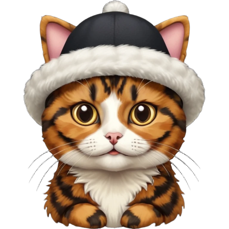tortoiseshell cat with a british hat, a little sassy. more emoji