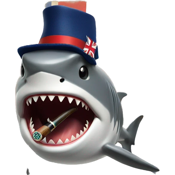  A British shark with a union jack patern hat who is smoking a pipe emoji