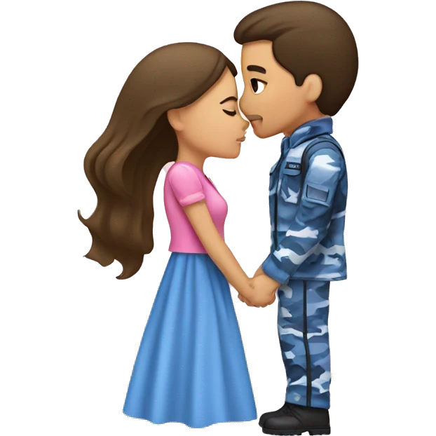 Brunette girl wearing a pink dress kissing  boy in blue camouflage  emoji