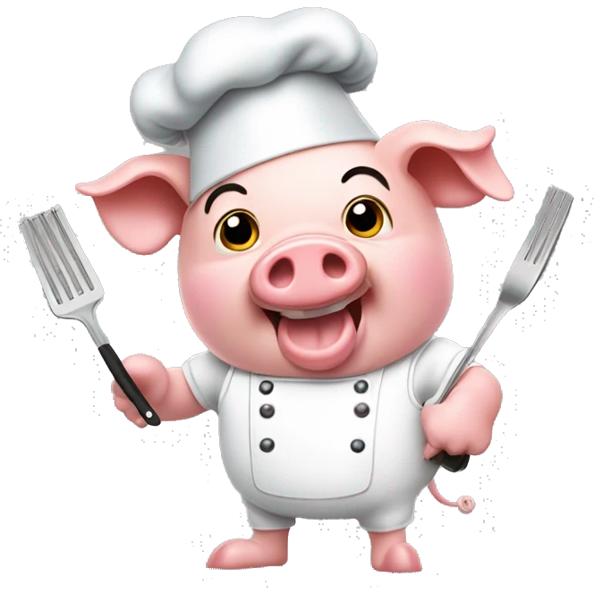 Pig with chef hat cooking corn on a bbq grill with tongs in its hand  emoji