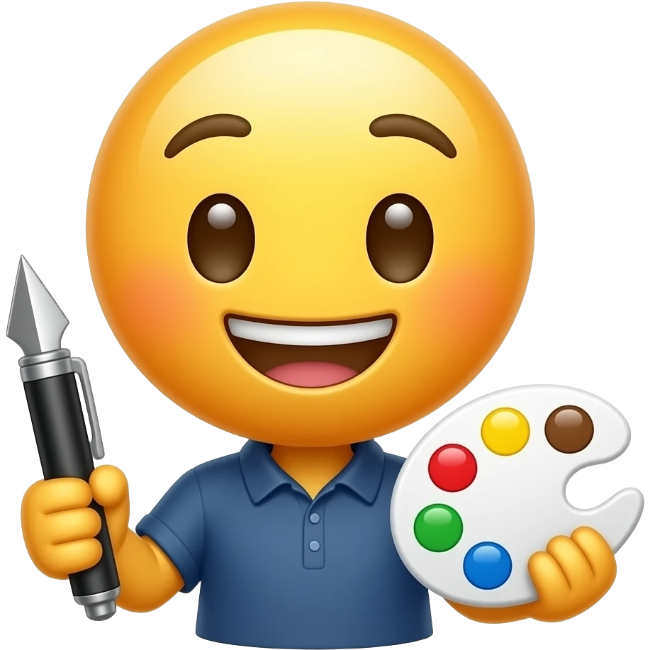 cute emoji designer character, holding pen tool and color palette, creative workspace vibe, minimal emoji style emoji