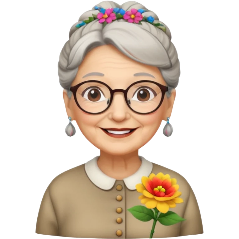 very old lady grandma wearing glasses with a bun and a flower in her hair emoji emoji