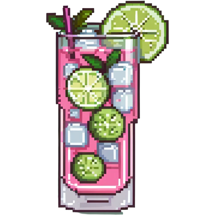 pink cocktail in tall glass with ice cubes and lime slice emoji