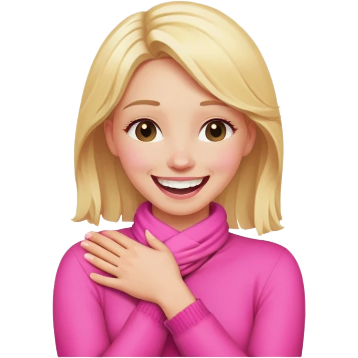 blonde women in pink cross hands holding neck laughing emoji