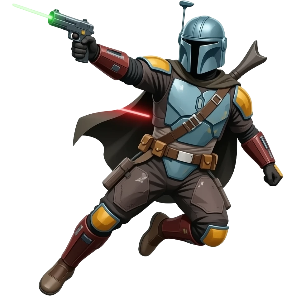 Mandalorian jump in air, diagonal composition, dynamic action scane, shooting (Green and red colors) emoji