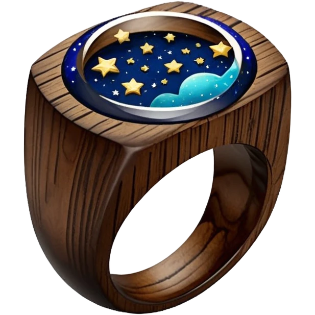 dark wood ring with epoxy resin in space and stars motifs crystal emoji