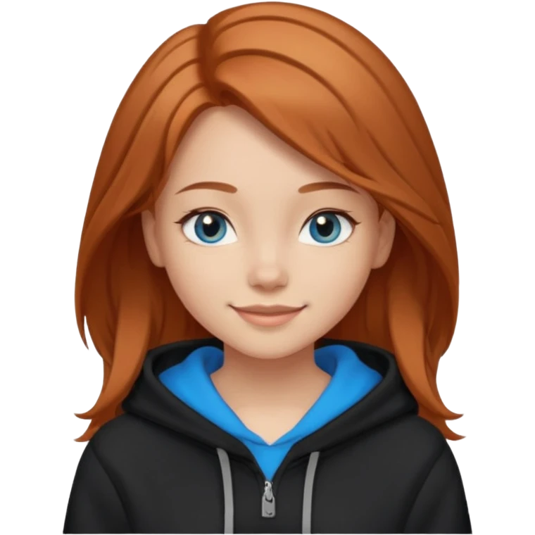 мила дівчинка зі світлим русим волоссям до грудей з голубими очами в чорному худі посміхається emoji