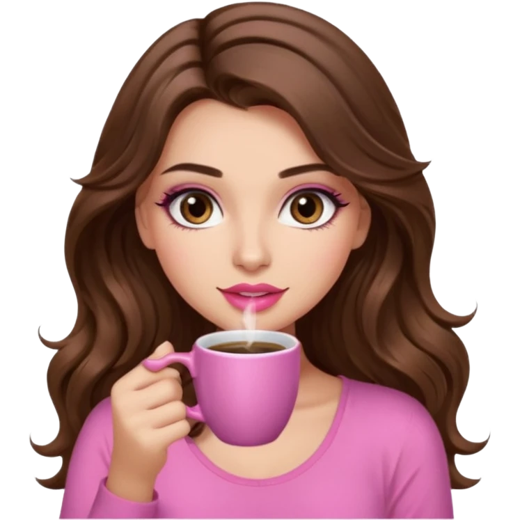 girl with long wavy brown hair, brown eyes, long lashes makeup,sexy pink lips, light to medium complexion, pink sexy top, with a coffee mug emoji
