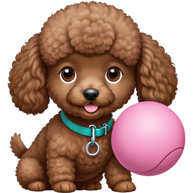 A small brown poodle with dark brown eyes playing with a circle pink ball, dark teal leash emoji