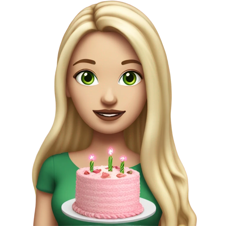 Realistic White girl with Long straight blonde hair, green eyes, tattoos, full body wearing dress and High heels, holding pink birthday cake emoji