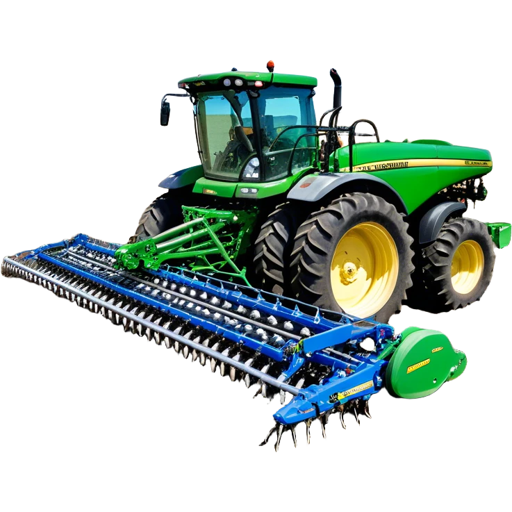 Bourgault 3420 Paralink Hoe Drill (2022) – Cinematic-realistic John Deere 6155M tractor hauling a Bourgault 3420 Paralink Hoe Drill, its powerful green frame pulling the vast blue seeder across endless fields. The machine plants seeds with pinpoint accuracy, leaving precise rows in the rich brown soil,  emoji