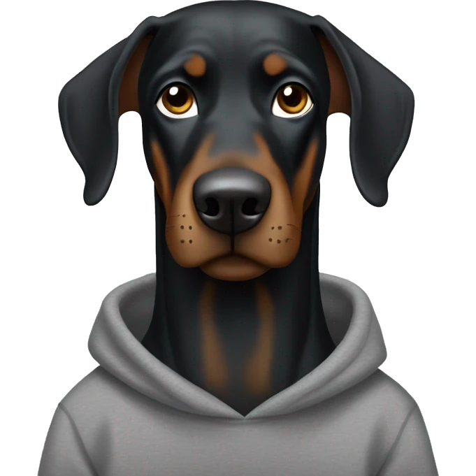 positive black Doberman with brown spots in a gray sweatshirt and wearing glasses with black frames emoji