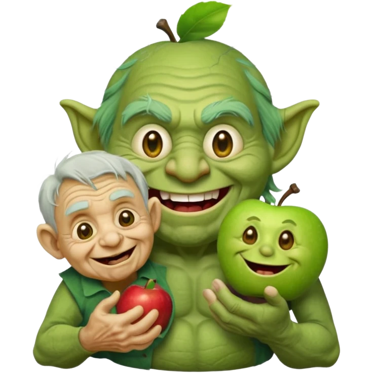 green troll grinning while holding a tiny terrified old man, cartoonish, apple emoji style emoji