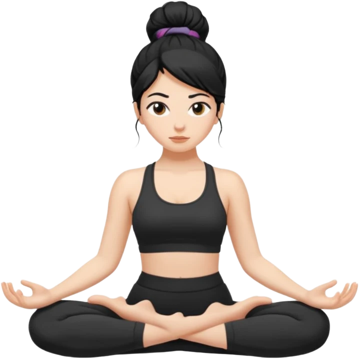 white girl with black long hair in a messy bun doing yoga emoji
